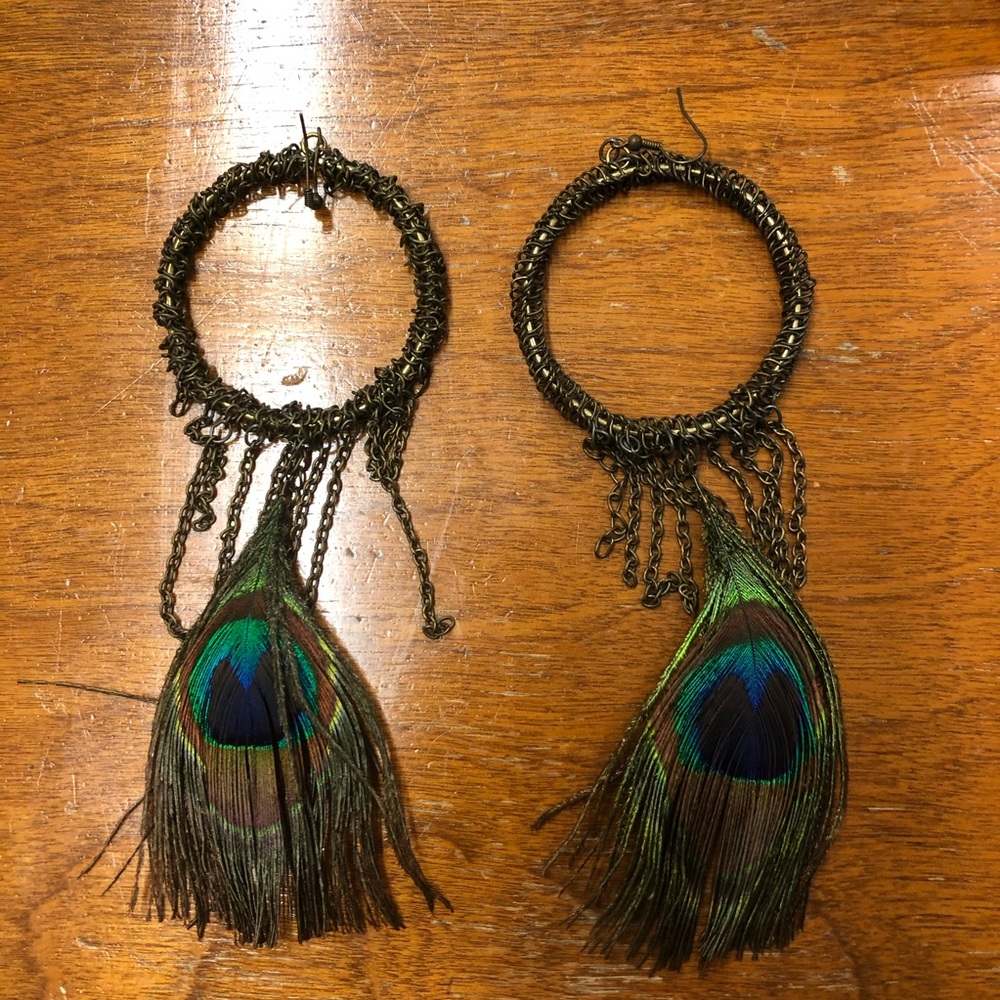 Peacock feather earrings.